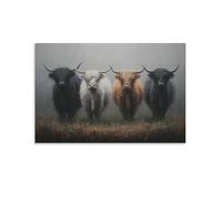 DFENILROP Tableau Mural, Animaux Poster, Quatre Vaches Highland Dans Champ Brumeux, Art Naturel Rurale Pour Déco Maison - Tableau Toile Haute Résolution, Cadeau 20x30inch(50x75cm)