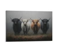 DFENILROP Tableau Mural, Animaux Poster, Quatre Vaches Highland Dans Champ Brumeux, Art Naturel Rurale Pour Déco Maison - Tableau Toile Unique, Cadeau 12x18inch(30x45cm)