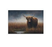 DFENILROP Tableau Mural, Animaux Poster, Taureau Highland Dans Champ Brumeux, Idéal Pour Décoration Rurale - Tableau Toile Haute Résolution, Cadeau 24x36inch(60x90cm)