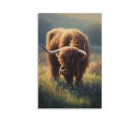DFENILROP Tableau Mural, Animaux Poster, Taureau Highland Dans Prairie Ensoleillée, Idéal Pour Décoration Rurale - Tableau Toile Minimaliste, Cadeau 12x18inch(30x45cm)