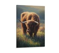 DFENILROP Tableau Mural, Animaux Poster, Taureau Highland Dans Prairie Ensoleillée, Idéal Pour Décoration Rurale - Tableau Toile Haute Résolution, Cadeau 12x18inch(30x45cm)
