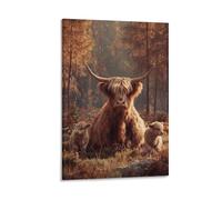 DFENILROP Tableau Mural, Animaux Poster, Taureau Highland Et Veaux Dans Forêt Automnale, Art De Mur Chaleureux Pour Décoration Intérieure - Tableau Toile Designer, Cadeau 16x24inch(40x60cm)
