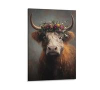 DFENILROP Tableau Mural, Animaux Poster, Vache Highland Aux Fleurs, Impression Artistique Pour Décoration D'intérieur - Tableau Toile Haute Résolution, Cadeau 08x12inch(20x30cm)
