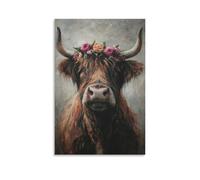 DFENILROP Tableau Mural, Animaux Poster, Vache Highland Avec Couronne De Fleurs, Décoration Rustique, Idéale Pour Salon Ou Chambre - Tableau Toile Haute Résolution, Cadeau 20x30inch(50x75cm)