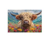 DFENILROP Tableau Mural, Animaux Poster, Vache Highland Dans Champ De Fleurs, Idéal Pour Déco Rustique - Tableau Toile Minimaliste, Cadeau 12x18inch(30x45cm)