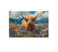 DFENILROP Tableau Mural, Animaux Poster, Vache Highland Dans Champ De Fleurs, Paysage Montagneux - Décoration Rustique - Tableau Toile Unique, Cadeau 16x24inch(40x60cm)