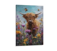 DFENILROP Tableau Mural, Animaux Poster, Vache Highland Dans Champ De Fleurs Sauvages Avec Papillons, Idéal Pour Décoration Intérieure - Tableau Toile Unique, Cadeau 08x12inch(20x30cm)