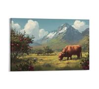 DFENILROP Tableau Mural, Animaux Poster, Vache Highland paissant près d'arbres à pommes avec montagnes enneigées en arrière-plan - Tableau Toile Haute Résolution, Cadeau 20x30inch(50x75cm)