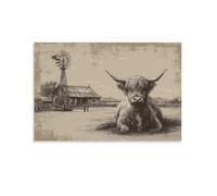 DFENILROP Tableau Mural, Animaux Poster, Vache Highland Sur Ferme Avec Moulin À Vent, Décoration Rustique Pour Maison Ou Bureau - Tableau Toile Designer, Cadeau 12x18inch(30x45cm)