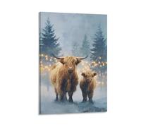 DFENILROP Tableau Mural, Animaux Poster, Vaches Highland Dans Forêt Enneigée Avec Lumières De Noël, Décoration Chaleureuse D'hiver - Tableau Toile Minimaliste, Cadeau 16x24inch(40x60cm)