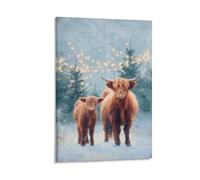 DFENILROP Tableau Mural, Animaux Poster, Vaches Highland Sous La Neige, Idéal Pour Décor de Noël Chaleureux - Tableau Toile Haute Résolution, Cadeau 20x30inch(50x75cm)
