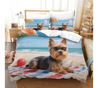 DFENILROP Yorkshire Plage | Chien Stylé Ensemble Literie Microfibre Imprimée Housse de Couette Unique Et Taies, Fermeture Éclair Cachée, Respirant & Doux, pour Adultes & Enfants Super King（260x220cm）