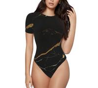 DFEPFKGOKL Combinaison élégante à manches courtes pour femme avec fond noir et doré - Justaucorps à col rond pour femme - Body extensible - Body décontracté - Coupe ajustée, 3D, L