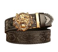 DFGGE Ceinture En Cuir Pour Hommes, Tête De Lion En Or Avec Boucle À Utomatique Sauvage Roi Animal Western Cowboy Ceinturon À Cliquet 35 Mm De Large Entièrement Réglable,Noir,130cm/waist:44"~46"