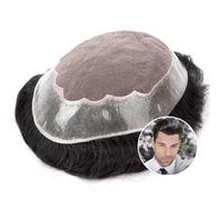 DFHS46JK Usage masculin Système de remplacement cheveux humains Mono Poly Skin Around Mens Toupee Hairpiece Natural Hairline 6" Cheveux indiens Prothèse masculins Tête à perruque(Off black,6x9)