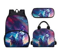 dfjjdhee Lot de 3 sacs à dos requins de grande capacité - Cartable isotherme portable - Avec plusieurs poches - Petite trousse à crayons - Fournitures de rentrée scolaire, Motif loup., Taille unique,