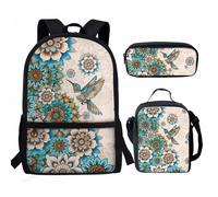 dfjjdhee Sac d'école 3 pièces avec sac à dos isotherme pour enfants et filles, Colibri Mandala, Taille unique, Sacs à dos