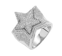 DFWY Bague Étoile 3D en Diamant Simulé Iced Out CZ pour Homme - Plaqué Or 14 Carats Hip Hop Bling Pentagram Zircon - Strass Étincelant Rappeur Street Rock Bijoux(Silver,11)