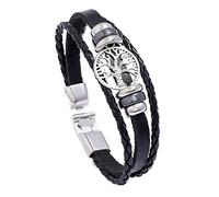 DFWY Bracelet Tressé en Cuir Viking Tree of Life - Bracelet Manchette en Perles de Métal Nordique Yggdrasil - Fait À la Main pour Hommes Et Femmes Bracelet en Cuir Multicouche Vintage(Black)