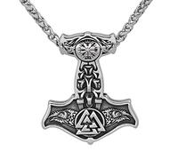 DFWY Collier Mjolnir Tête de Loup Boussole Nordique Rune - Pendentif Amulette Marteau Viking Odin Ravens Thor pour Homme - Bijoux de Pirate Païen en Acier Inoxydable Vintage Faits À la Main(Crow)