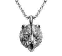 DFWY Collier Pendentif en Étain Ours Viking for Homme,Chaîne en Acier Inoxydable D'amulette de Tête d'ours de Berserkers Nordiques, Charme d'ours Rugissant À la Mode Vintage Bijoux Scandinaves