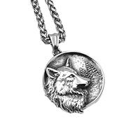 DFWY Collier Pendentif Tête de Loup Viking en Acier Inoxydable pour Homme, Collier Loup Norse Fenrir, Collier Amulette Vintage Odin Wolf Fashion Punk Street Rock Jewelry (Color : Silver)