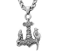 DFWY Mens Viking Thor Hammer Odin Wolf Raven Pendentif Collier, Noeud Celtique en Acier Inoxydable Mjolnir Amulet, Mode Punk Pull Clavicule Chaîne Bijoux Nordiques (Color : Silver)