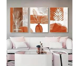 DFZEWKI Ensemble de 3 toiles décoratives bohèmes aux tons terracotta, avec des formes et des lignes simples, sans cadre, pour chambre ou salon (40 x 60 cm x 3).