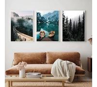 DFZEWKI Peinture abstraite sur toile représentant un paysage naturel, une forêt brumeuse, un lac ou un bateau, décoration murale scandinave, 50 x 65 cm (20 x 26 pouces), 3 pièces, sans cadre