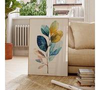 DFZEWKI Tableau moderne à l'aquarelle avec feuilles dorées et bleues, impression sur toile, poster pour la décoration du salon (50 x 75 cm (20 x 30 pouces) / sans cadre)