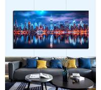 DFZEWKI Tableau nocturne de New York représentant le reflet des hauts immeubles dans la lumière et l'ombre - Impression sur toile (55 x 110 cm (22 x 43 po) / Sans cadre)