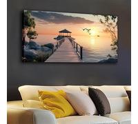 DFZEWKI Tableau sur toile sans cadre représentant un paysage de kiosque à musique au coucher du soleil sur un lac, avec vue sur la promenade (55 x 110 cm / 22 x 43 pouces). Décoration murale.
