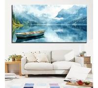 DFZEWKI Tableau sur toile sans cadre représentant un paysage serein de lac, de montagne et de ciel avec bateau (40 x 80 cm / 16 x 31 pouces)