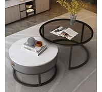 DGDHHSFJDJ Ensemble de Tables Basses gigognes Rondes Modernes - 2 Tables Basses en Verre et Ardoise avec tiroirs de Rangement, Cadre en métal, Design Gris élégant pour Salon 100 cm