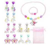 DGHEGDUI 6 Paires De Boucles d'oreilles Princesse Mignonnes, 1 Ensemble De Bracelet Collier, Clips d'oreille pour Enfants De Dessin Animé, Collier Pendentif Poney, Cadeau De Bijoux pour Fille.