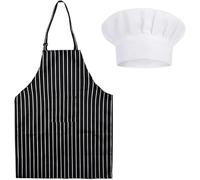 DGHOME Ensemble tablier et toque de chef pour adulte, tablier à bavette réglable anti-salissure avec poches, tablier à dos nu rayé noir et blanc, unisexe, convient pour la maison, la cuisine, le