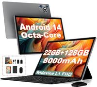Dghrti 2025 Tablet Android 14 Tablette Tactile, 22Go RAM + 128Go ROM/WiFi 5G+2.4G, 8-Cores, 8000mAh, Widevine L1, BT5.0, 8MP+5MP, GMS Certified/Contrôle Parental, Tablette avec Clavier Souris-Gris