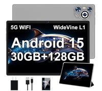 Dghrti Tablette 10" Android 15, 128Go, 8000mAh, Corps Métal avec étui-Gris | Gemini AI, Octo-Core, corps métal, BT5.0, Face ID,Widevine L1, 5+8MP, extensible 2To TF. Clavier + souris sans fil inclus.