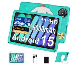 Dghrti Tablette 11 Pouces, Android 15 Tablet pour Enfants, 24GO RAM+256GO ROM 2TO, Octa-Core UFS 2.2, 8000mAh WiFi 6, Widevine L1 GMS Certified, Parental Control with 360°Rotatable EVA Case-Vert Pâle
