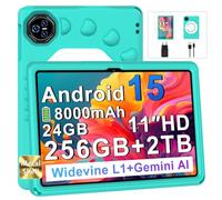 Dghrti Tablette pour Enfants Android 15, 24 Go+256 Go/2 to, Tablet 11 Pouces Octa-Core, Gemini AI/Widevine L1, 8000 mAh, 13 MP+5 MP, boîtier métallique, avec étui Protection en Silicone EVA-Verte