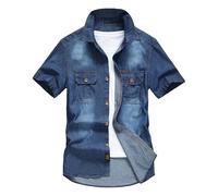 DGKaxiyaHM Chemise en jean à manches courtes et double poches pour homme - Chemise en jean classique boutonnée, noir foncé, 4XL