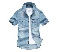 DGKaxiyaHM Chemise en jean à manches courtes et double poches pour homme - Chemise en jean classique boutonnée, bleu clair, 3XL