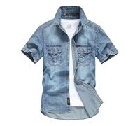 DGKaxiyaHM Chemise en jean à manches courtes et double poches pour homme - Chemise en jean classique boutonnée, bleu, XXL