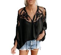 DGKaxiyaHM Chemises en Mousseline De Soie BrodéEs pour Femmes T-Shirt Transparent à Manches Longues Et Col en V De Grande Taille Voir à Travers Le Chemisier Ample Respirant (Le Noir,M)