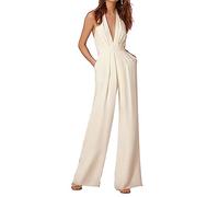 DGKaxiyaHM Combinaisons à Dos Nu en V Profond pour Femmes Combinaisons sans Manches avec Pantalon Long Plissé à Taille Haute Salopette HabilléE Sexy De Couleur Unie (Blanche,S)