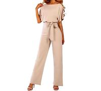 DGKaxiyaHM Combinaisons Amples à Manches Courtes avec Ceinture pour Femmes Combinaisons DéContractéEs à Col Roulé avec Manches Chauve-Souris Combinaison Pantalon Large Extensible (Abricot,L)