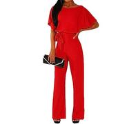 DGKaxiyaHM Combinaisons Amples à Manches Courtes avec Ceinture pour Femmes Combinaisons DéContractéEs à Col Roulé avec Manches Chauve-Souris Combinaison Pantalon Large Extensible (Rouge,L)