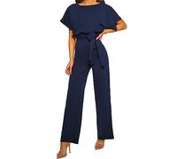 DGKaxiyaHM Combinaisons Amples à Manches Courtes avec Ceinture pour Femmes Combinaisons DéContractéEs à Col Roulé avec Manches Chauve-Souris Combinaison Pantalon Large Extensible (Bleu Marine,S)