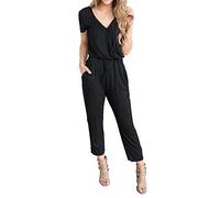 DGKaxiyaHM Combinaisons sans Manches à Col en V pour Femmes GrenouillèRe à Manches Courtes avec Poche à La Taille Et Cordon De Serrage Combinaison Extensible De Couleur Unie (Le Noir,XL)