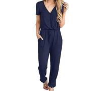 DGKaxiyaHM Combinaisons sans Manches à Col en V pour Femmes GrenouillèRe à Manches Courtes avec Poche à La Taille Et Cordon De Serrage Combinaison Extensible De Couleur Unie (Bleu Marine,M)